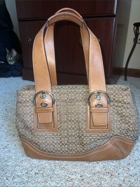 2008 Coach Brown Signature Canvas Shoulder Tote with Tan Leather Trim